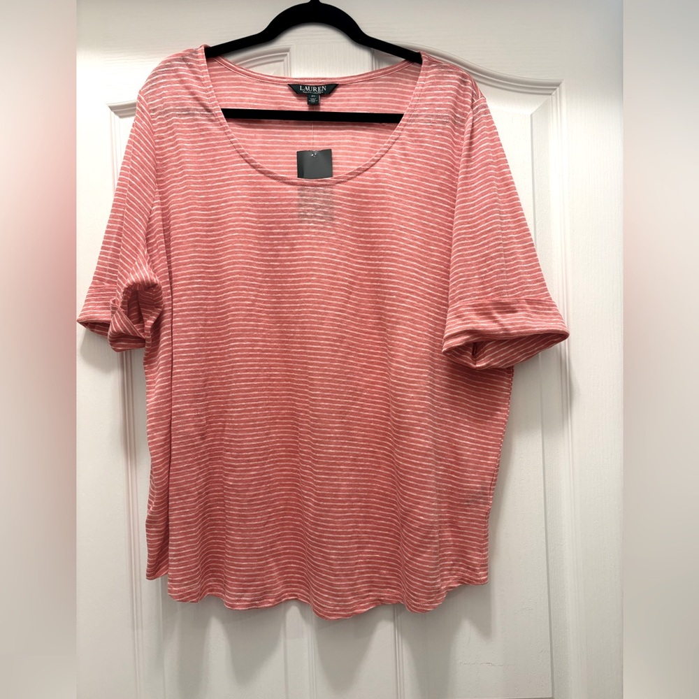 Ralph Lauren 100% Linen Coral Striped Short Sleeved shirt. Size 2X. NWT.